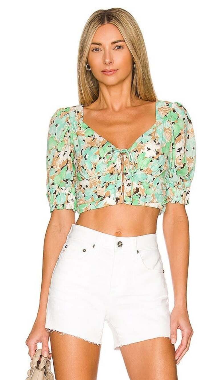Revolve More To Come Kacey Puff Sleeve Top Aquamarine Floral Small